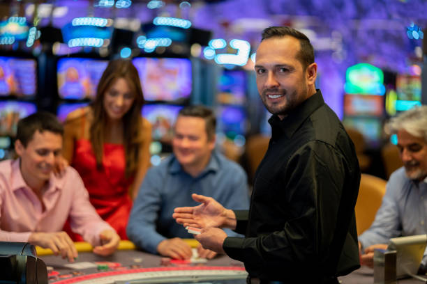 Baccarat table layout with betting areas and live dealer